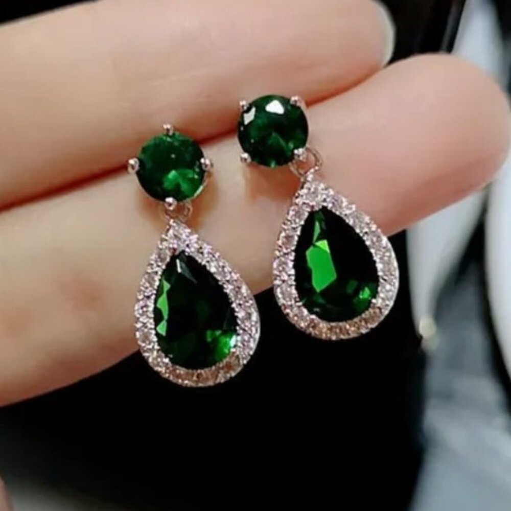 Green Colorful Waterdrop Earrings‎ Zicon Double Pear Crystal with Silver